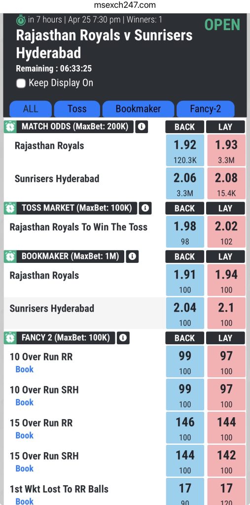 Rajasthan Royals vs Sunrisers Hyderabad